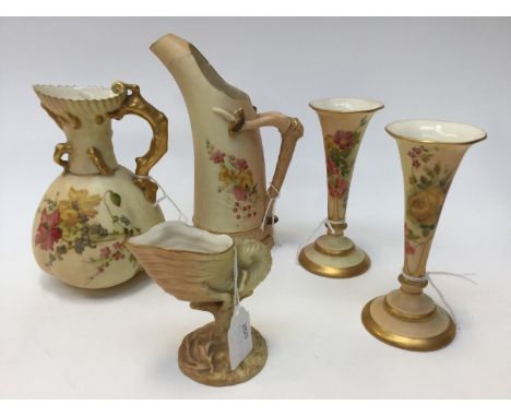 Five items of Victorian Royal Worcester Blush ivory, to include a ewer, a pair of candle sticks, a small shell vase 