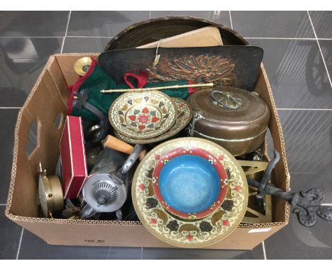 A quantity of metalware to include a Georgian brass candlestick, a copper tray, Persian bowl, companion set etc (1 box)