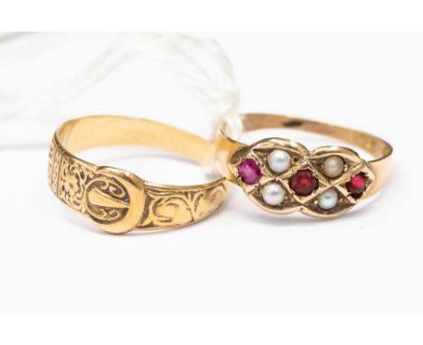 A 9ct gold seed pearl and ruby ring, possibly 9ct gold, size M1/2; together with a 9ct gold buckle ring, size M, combined tot