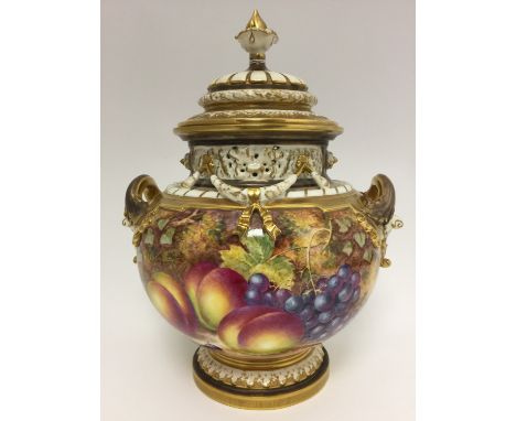  A Royal Worcester twin handled fruit painted vase and cover, signed Freeman, ref: 1428 S/S 