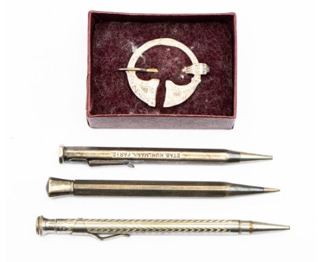 A German silver propelling pencil, a sterling silver propelling pencil, another propelling pencil; together with a silver Cel