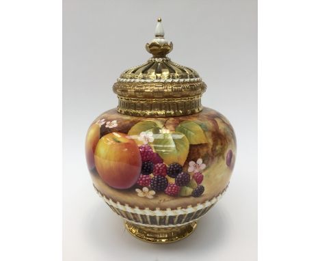  A Royal Worcester fruit painted pot pourri vase and cover, basket molded, signed J, Bowman, ref: 1286 M/S, 26cm high