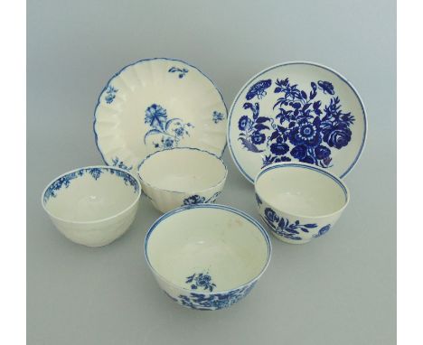 Two Worcester Blue & White Tea Bowls & Saucers, along with Two other Worcester Tea BowlsCirca  1775Size.    VariousProvenance