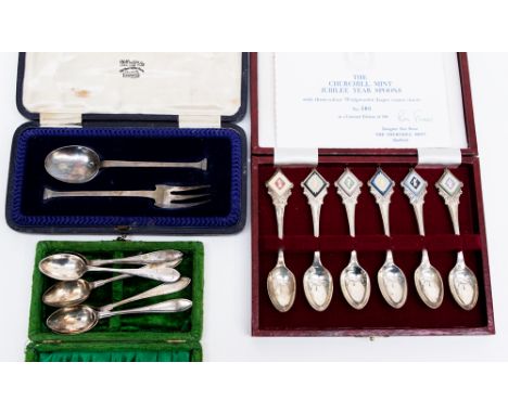 An Arts and Crafts spoon and fork, Sheffield 1920, Cooper Brothers & Sons,  together with a cased set of six silver teaspoons