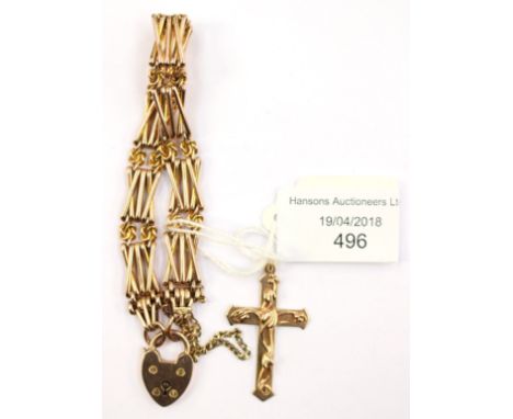 A 9ct gate bracelet with padlock clasp, approx 17 grams; together with a 9ct crucifix with applied rose gold foliate detail, 