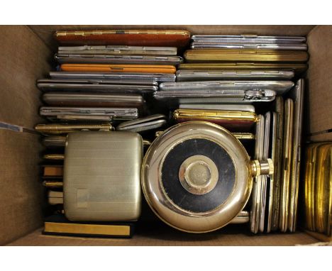 A quantity of cigarette cases, mostly Edwardian and later, including silver plated cases, gilt metal, brass, Art Deco engine 