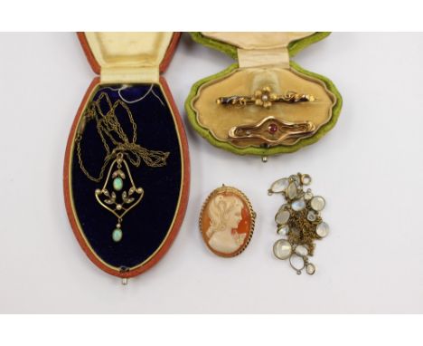 An Edwardian 9ct opal and pearl openwork pendant (in box); together with a moonstone necklace (af) a 9ct cameo brooch and two