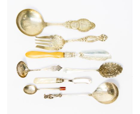 Silver flatware including Dutch Apostle spoon, American tomato fork, sifting spoon, Victorian butter knife, etc, total weight