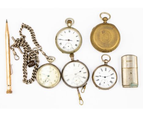 A collection of five gentleman's watches including one marked for Chester silver, plus one cigarette lighter and a propelling