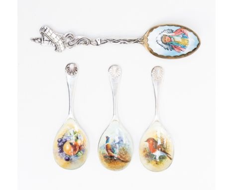 Three enamelled silver caddy spoons, including Pheasant, signed Payne, robin and fruit, all Birmingham 1982, C. Robathan & So