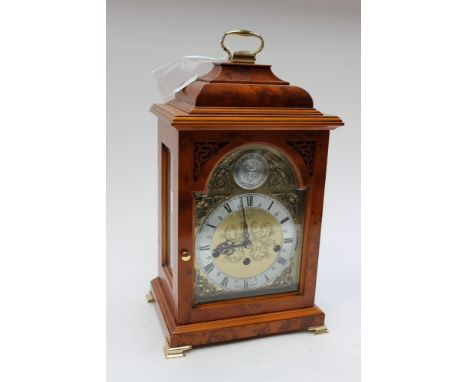 Comitti burr walnut mantle clock, silvered dial, Roman numerals, key, instructions, etc, CERTIFICATES 