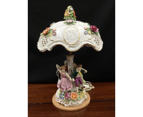 A Dresden style table lamp with children playing around the base and a floral encrusted ceramic shade (1)