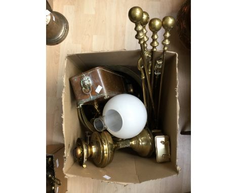 A brass oval helmet, fire dogs and fire irons with other copper and brass ware, plus oil lamp (1 box)