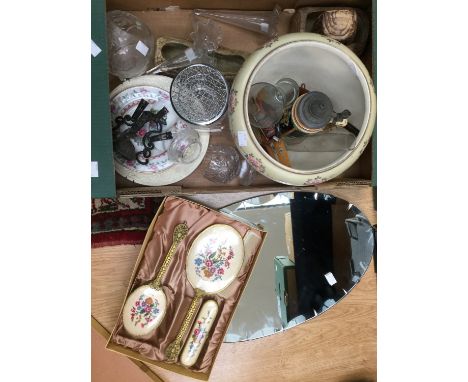 A Gibson Art Pottery jardiniere musical stein petit poin dressing table set, boxed, an EPNS Epergne with glass vases, cut gla