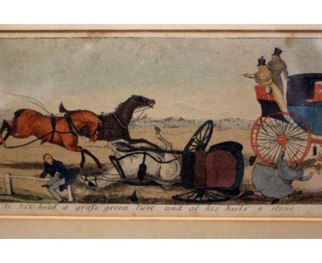 Collection of six 19th-century hand-coloured panoramic lithographs depicting various sporting scenes (fox hunting, coaching, 