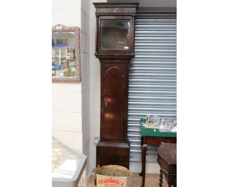 A George III oak eight day longcase clock, the brass dial with a subsidiary dial and gilt spandrels, the hood with turned col