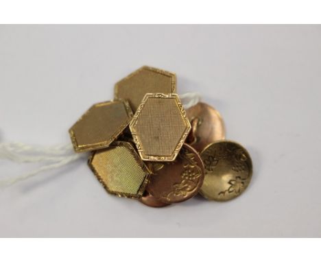 Two pairs of 9ct gold cufflinks including one round pair with foliate detail and a six sided angular pair with engine turned 