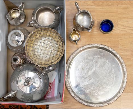 An Elkington embossed candlestick with an EPNS tea service and tray