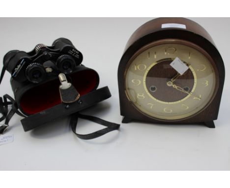 A pair of Korean binoculars (1950s) a Smiths mantle clock, ARP whistle new (boxed/cased) new light powder compact, collection