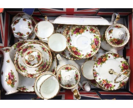 Royal Albert 'Country Roses' part tea service including teapot, coffee pot, milk, sugar, cake stand etc (1 box)