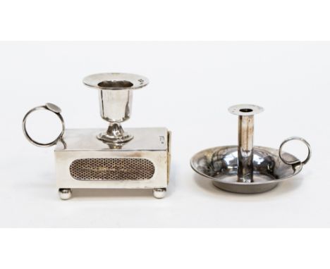 A Victorian silver candle holder and match striker London 1898; together with a Victorian silver chamber stick, London 1900, 