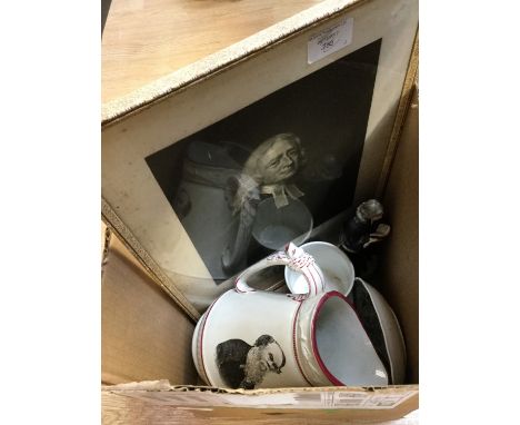 A Staffordshire figure of 'Wesley' together with a print of 'Wesley', a 19th century mug printed, Rev J. Wesley and three pie