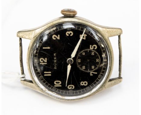  WW2 Third Reich Wehrmacht issue Buren wristwatch, 3cm circular black illuminous dial with subsidiary seconds dial. Backplate