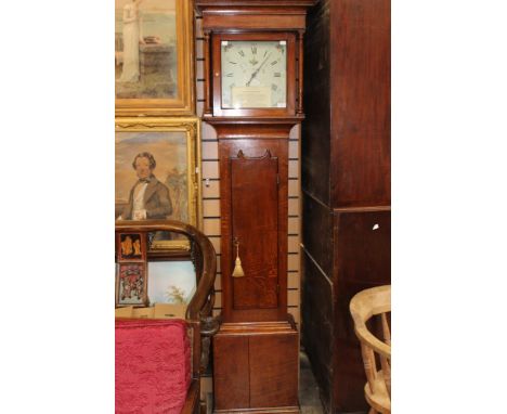 A George III oak 30 hour longcase clock, by James Monkhouse of Carlise, circa 1790, the hood with a glazed door enclosing whi