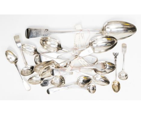 A quantity of spoons, basting spoon, London 1805, dessert spoons, Exeter 1835, tablespoons London 1804, Exeter 1858 and desse