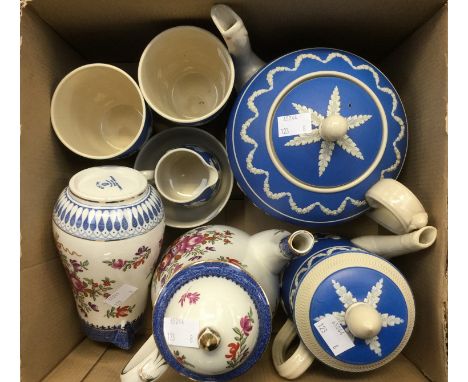A Copeland, late Spode six piece tea service, blue Jasperware; together with a Booths 'Lowerstoft Border' coffee pot and milk
