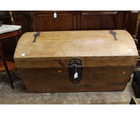 A 19th Century pine travelling trunk, metal bound
