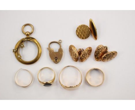 Pair of 9ct rose gold oval engraved cufflinks, three 9ct signet rings a/f,  a 9ct wedding band, a single gilt metal cufflink 
