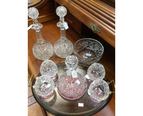 Pair of Victorian cut glass globe and shaft decanters and stoppers, plus tray set, bowl and pair of decanters