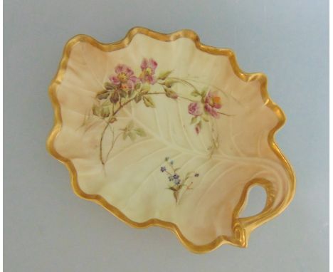 A Royal Worcester Blush Leaf Shaped Dish. With floral sprays and heavy gilt rimCirca 1893Size 27.5 x16.5cm diamProvenance A P