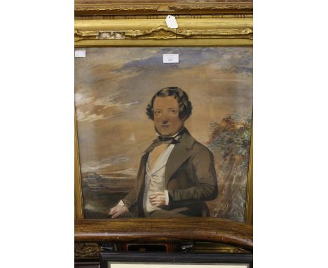 English School, circa 1850, portrait of a gentleman, three quarter length in a brown coat holding a hat in a landscape, water