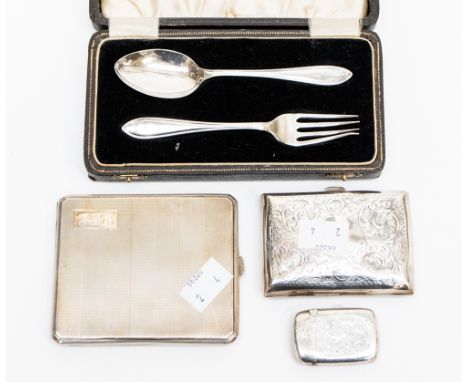 Christening spoon and fork set Sheffield 1937 and 1939, Emile Viner along with vesta cases and two cigarette cases, silver, g