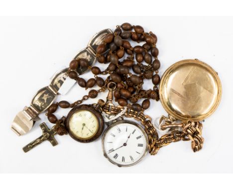 An Art Deco gold plated pocket watch on gold plated albert chain, a small Victorian 'Fine Silver' pocket watch, a niello brac