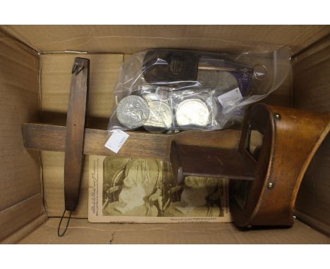 A collectors lot to include a stereoscopic viewer and card, a lorgnette, a miniature purse, a collection of commemorative cro