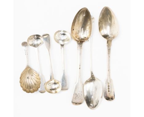 George III and later silver flatware including dessert spoons, salt spoons, caddy spoon, etc, 5.00 ozt approx 
