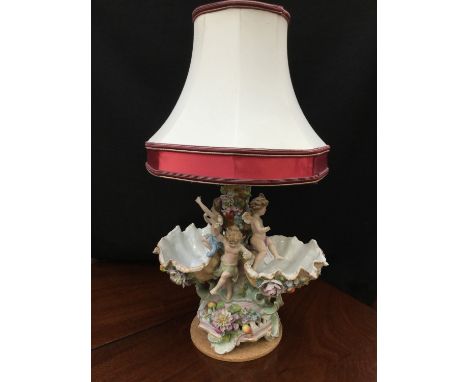 A 19th Century large Dresden comport, encrusted with flowers converted to a table lamp with shade (1)