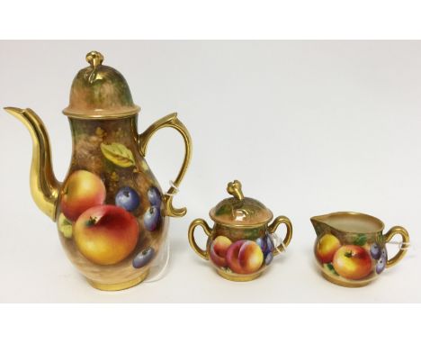 A Royal Worcester miniature coffee set, fruit painted, each piece signed by artist Roberts, comprising coffee pot, milk and s