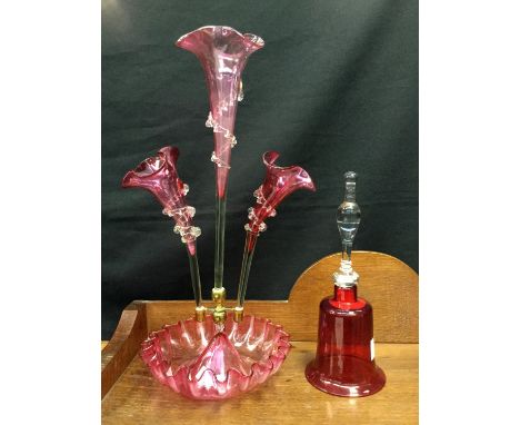 A Cranberry glass epergne, together with a ruby glass bell a/f (2)