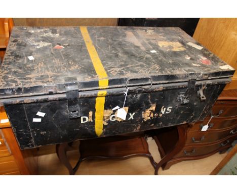 An early 20th Century metal travelling trunk, with carrying handles 