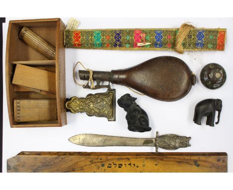 Leather gun pellet holder, embossed hunting houd design, a letter clasp (gilt metal) carved stone Elephant paperweight compas