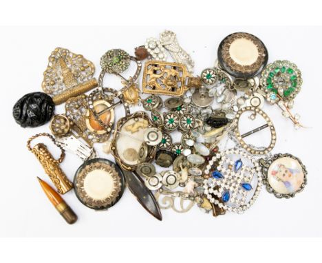 A pair of Victorian Jet carved earrings, a similar brooch with assorted costume jewellery, two hand painted ceramic pendants 