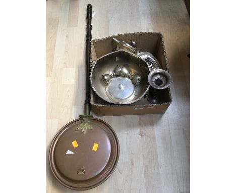 A silver plated three piece tea service together with other plated wares and a copper warming pan (1 box)