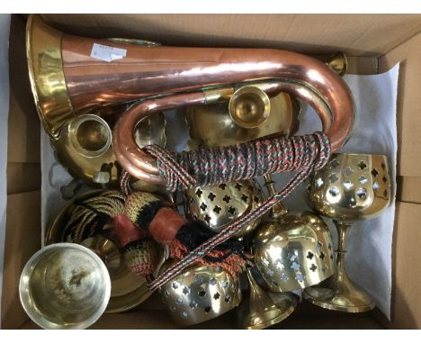 A copper and brass bugle, Argyll & Sutherland regiment together with brass candle holders (1 box)