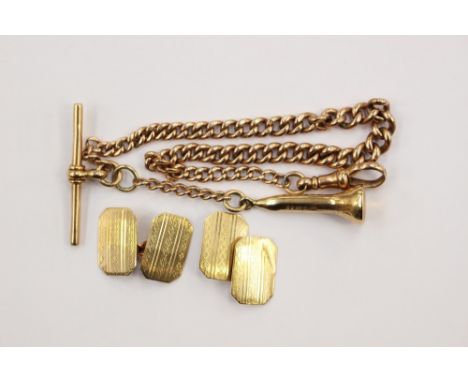 A 9ct rose gold Albert chain with T bar and toggle clasp, length approx 10'', with 9ct gold tee attached, together with a pai