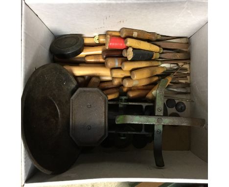A set of scales and Imperial weights, together with woodworking tools