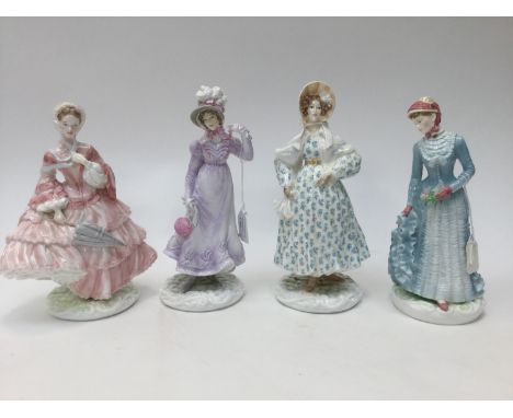 Four Royal Worcester figurines 'Walking Out Dresses of the 19th Century' 1830 he Romantic, 1818 The Regency, 1855 The Crinoli